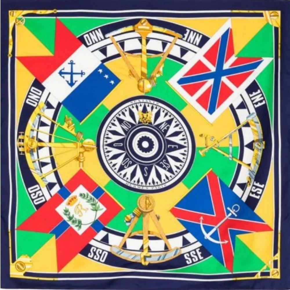 Hermès “Sextants” by Loïc Dubigeon 100% Silk Scarf Vintage 1981 Multicolor + Box